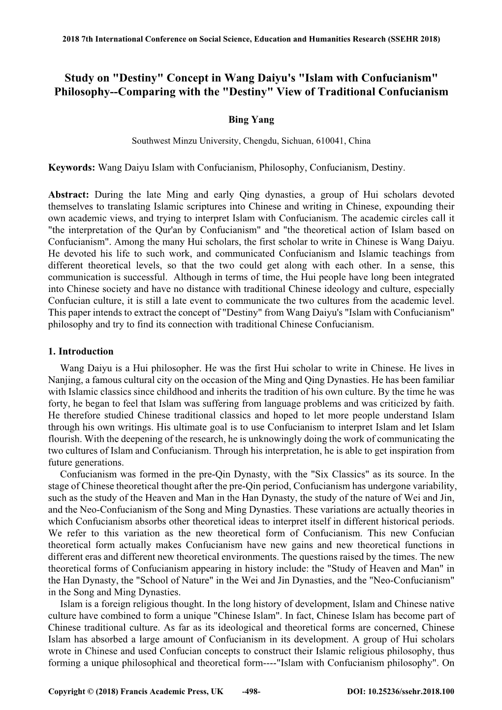 Study on "Destiny" Concept in Wang Daiyu's "Islam with Confucianism" Philosophy--Comparing with the "Destiny" View of Traditional Confucianism