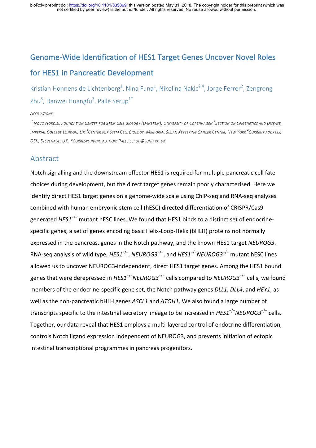 Genome-Wide Identification of HES1 Target Genes Uncover Novel Roles for HES1 in Pancreatic Development