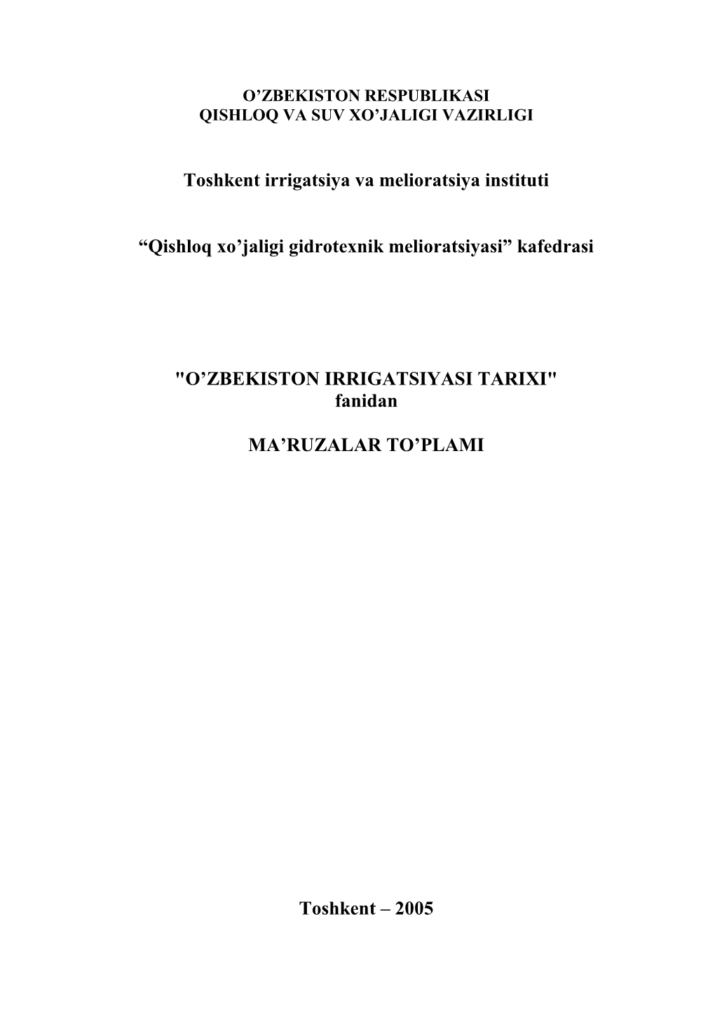 “Qishloq Xo'jaligi Gidrotexnik Melioratsiyasi” Kafedrasi