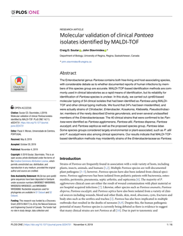 Molecular Validation of Clinical Pantoea Isolates Identified by MALDI-TOF