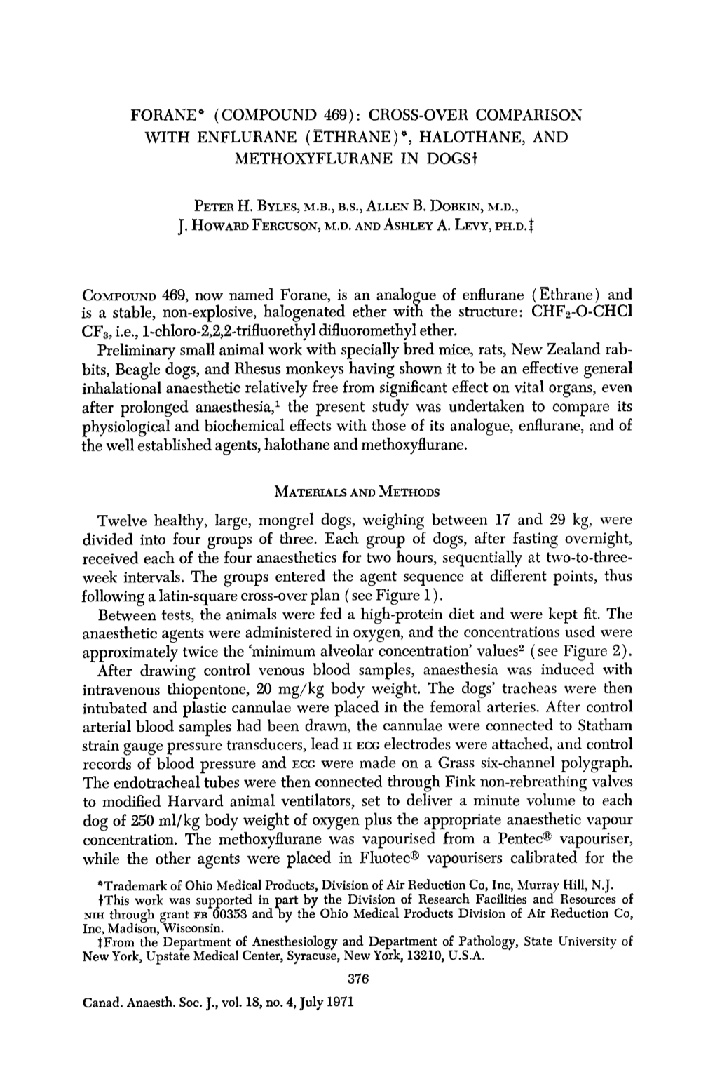 Forane (Compound 469): Cross-Over Comparison with Enflurane