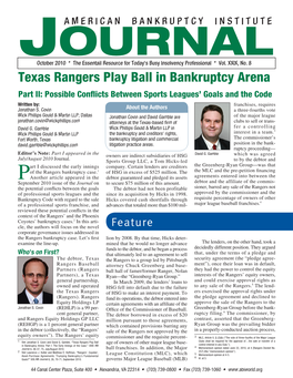 Texas Rangers Play Ball in Bankruptcy Arena Part II: Possible Conflicts Between Sports Leagues’ Goals and the Code Written By: Franchises, Requires Jonathan S