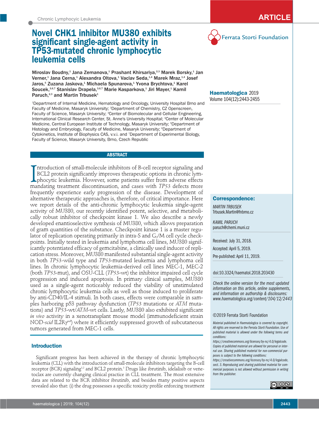 Novel CHK1 Inhibitor MU380 Exhibits Significant Single-Agent Activity in Ferrata Storti Foundation TP53-Mutated Chronic Lymphocytic Leukemia Cells