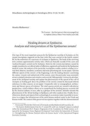 Healing Dreams at Epidaurus. Analysis and Interpretation of the Epidaurian Iamata2