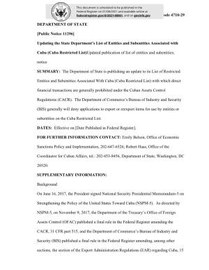 [Public Notice 11296] Updating the State Department's List of Entities