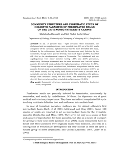 Community Structure and Systematic Study of Helminth Parasites of Freshwater Snails of the Chittagong University Campus