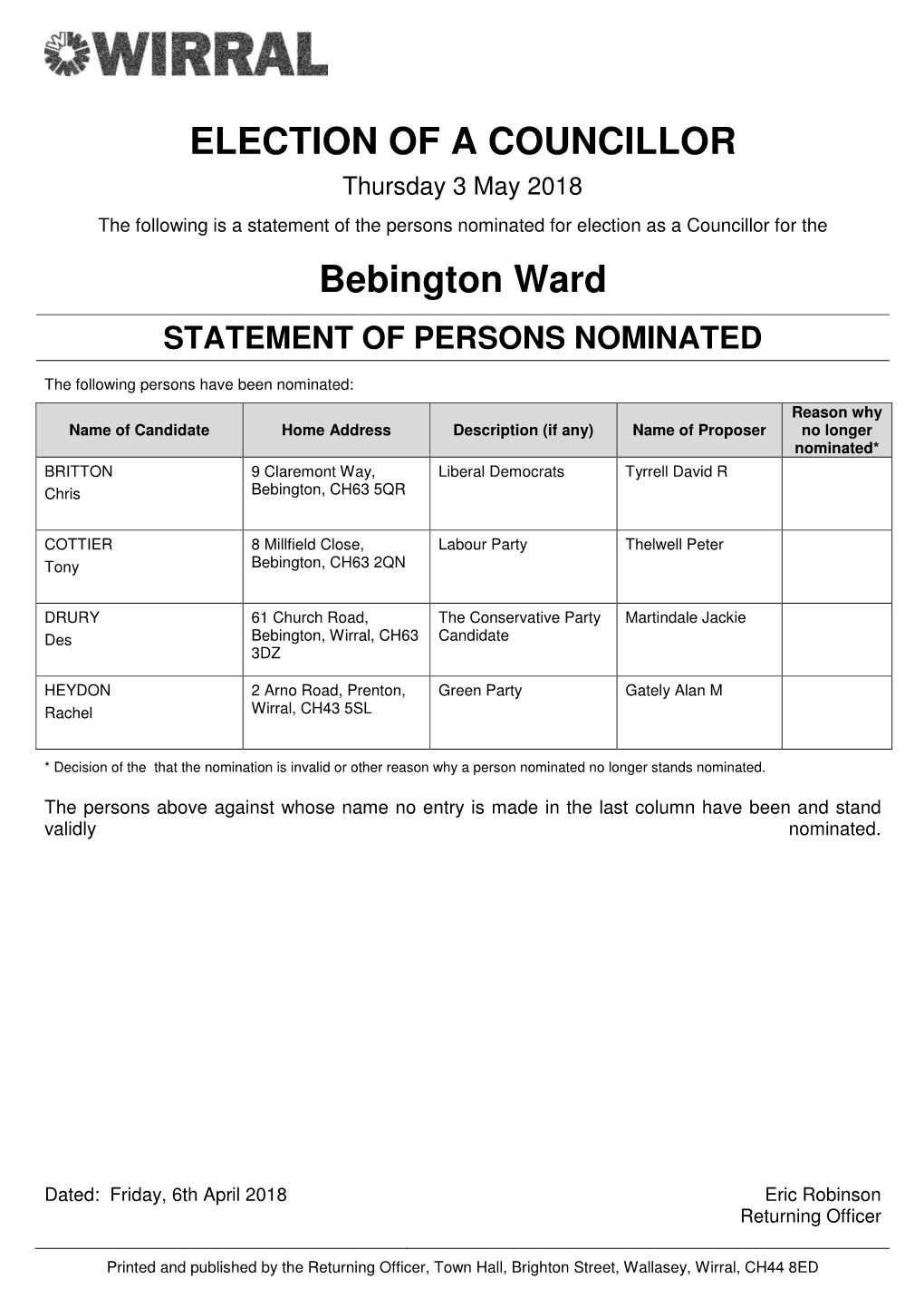 ELECTION of a COUNCILLOR Bebington Ward