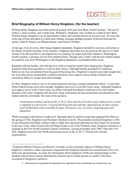 Brief Biography of William Henry Singleton. (For the Teacher)