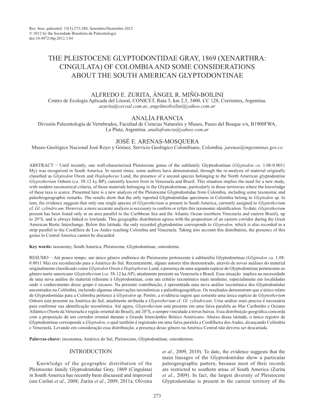 Xenarthra: Cingulata) of Colombia and Some Considerations About the South American Glyptodontinae