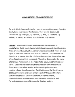 COMPOSITIONS of CARANTIC MUSIC Carnatic Music Has Mainly