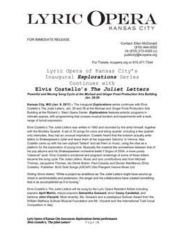 Lyric Opera of Kansas City's Inaugural Explorations Series Continues with Elvis Costello's the Juliet Letters