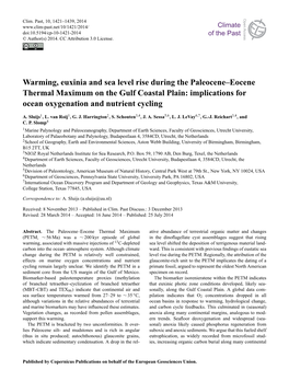 Warming, Euxinia and Sea Level Rise During the Paleocene–Eocene Thermal Maximum on the Gulf Coastal Plain: Implications for Ocean Oxygenation and Nutrient Cycling