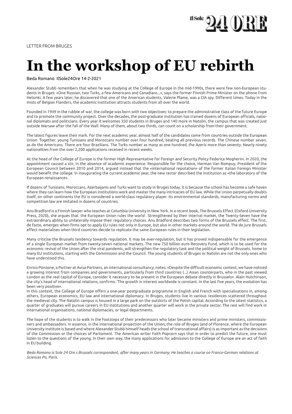 In the Workshop of EU Rebirth Beda Romano Ilsole24ore 14-2-2021