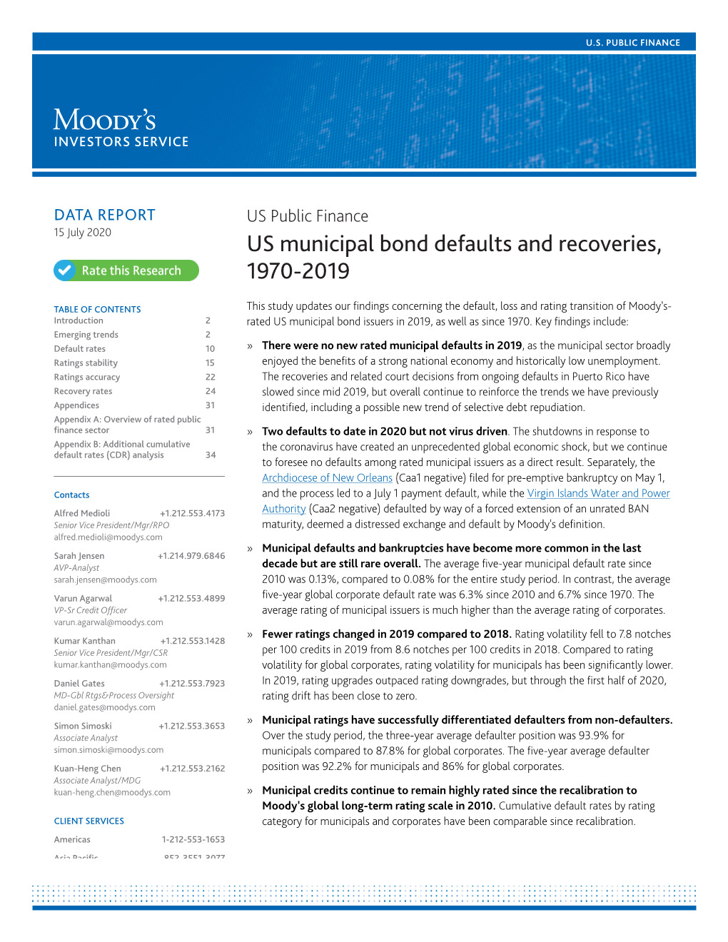 US Municipal Bond Defaults and Recoveries, 1970-2019