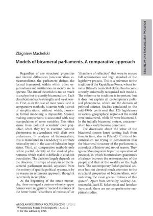 Models of Bicameral Parliaments. a Comparative Approach a Comparative Parliaments