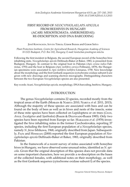 First Record of Neocypholaelaps Apicola from Beehives in Hungary (Acari: Mesostigmata: Ameroseiidae): Re-Description and Dna Barcoding