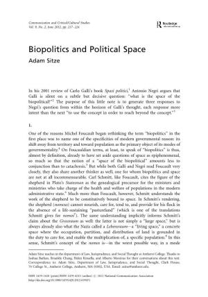 Biopolitics and Political Space Adam Sitze