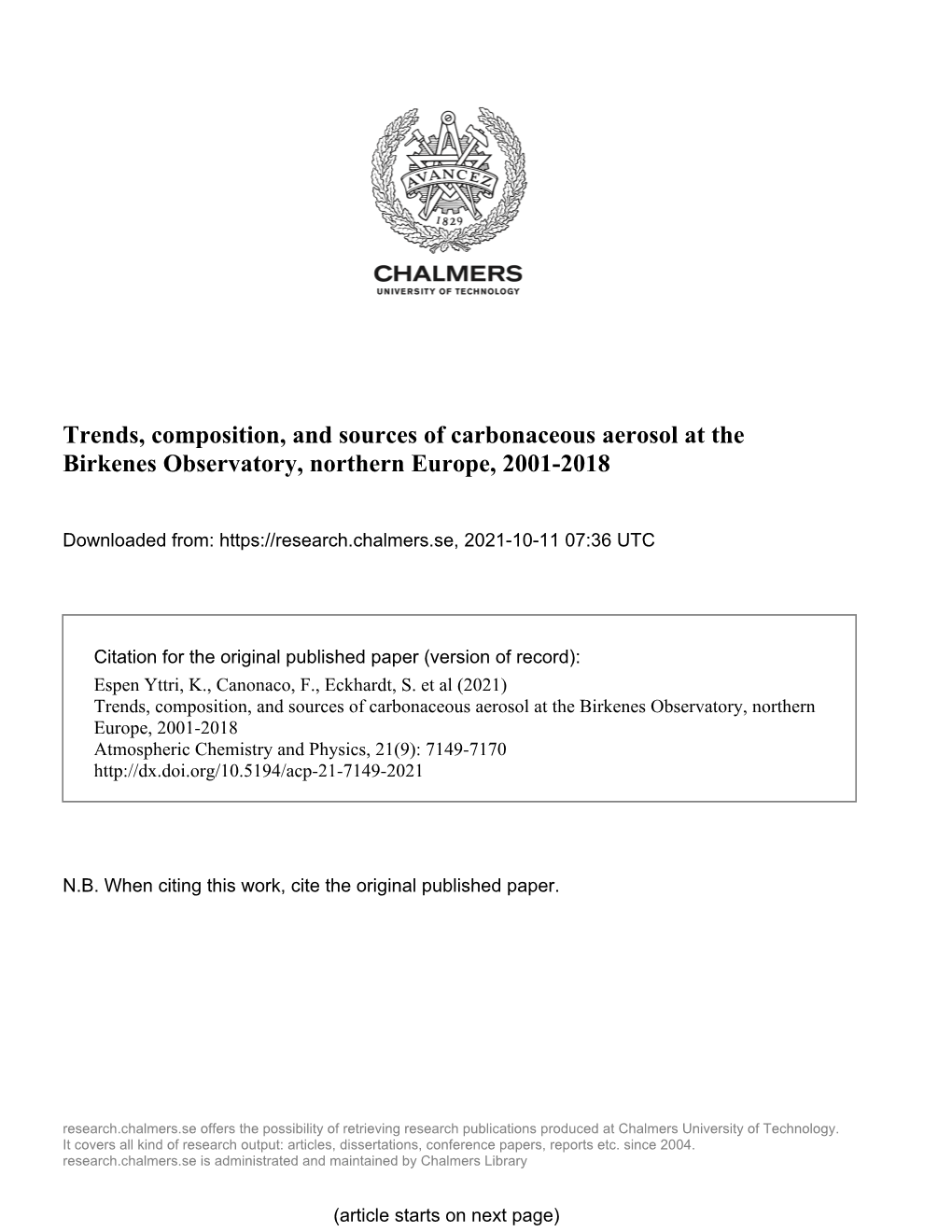 Trends, Composition, and Sources of Carbonaceous Aerosol at the Birkenes Observatory, Northern Europe, 2001-2018