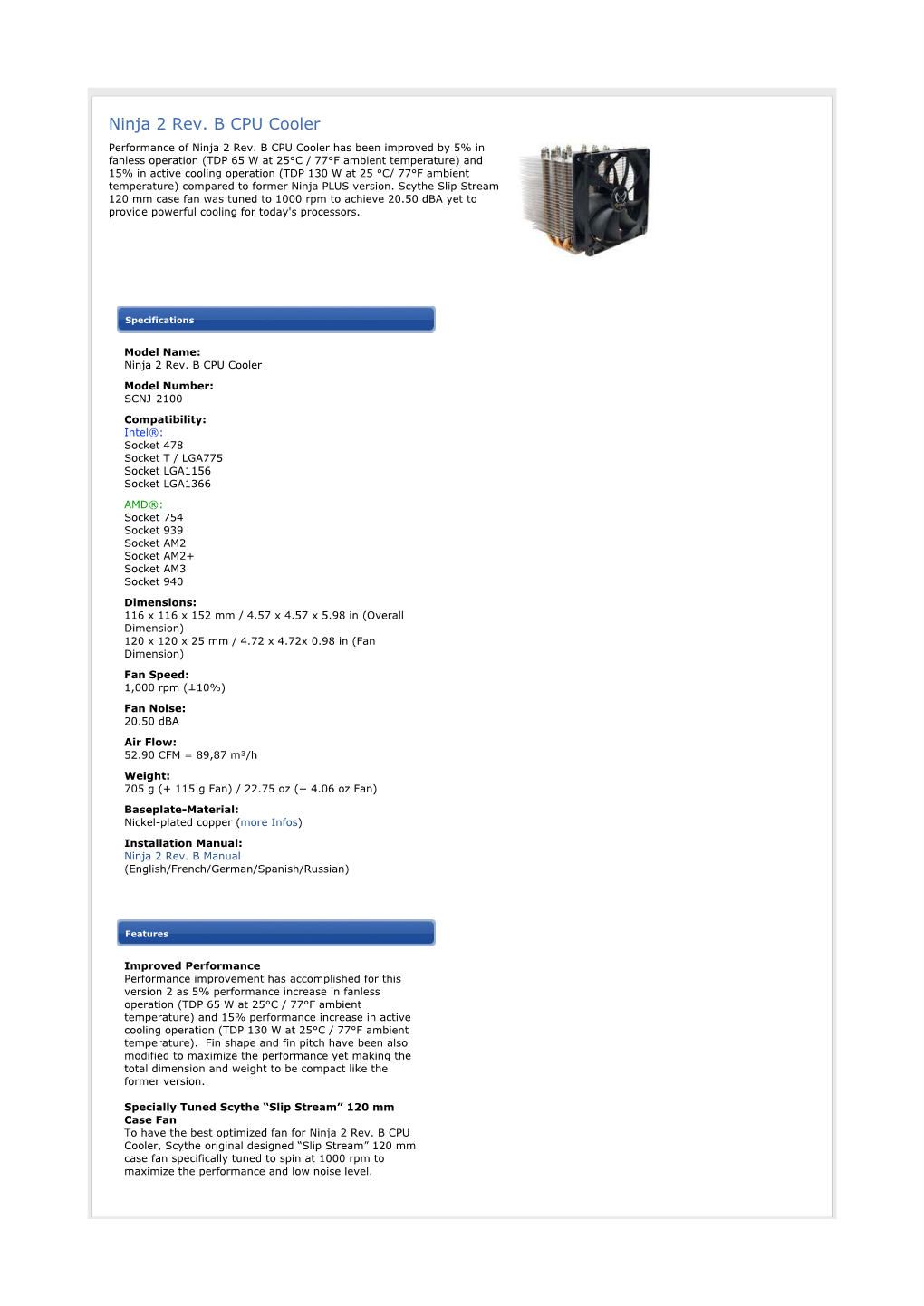 Ninja 2 Rev. B CPU Cooler Performance of Ninja 2 Rev