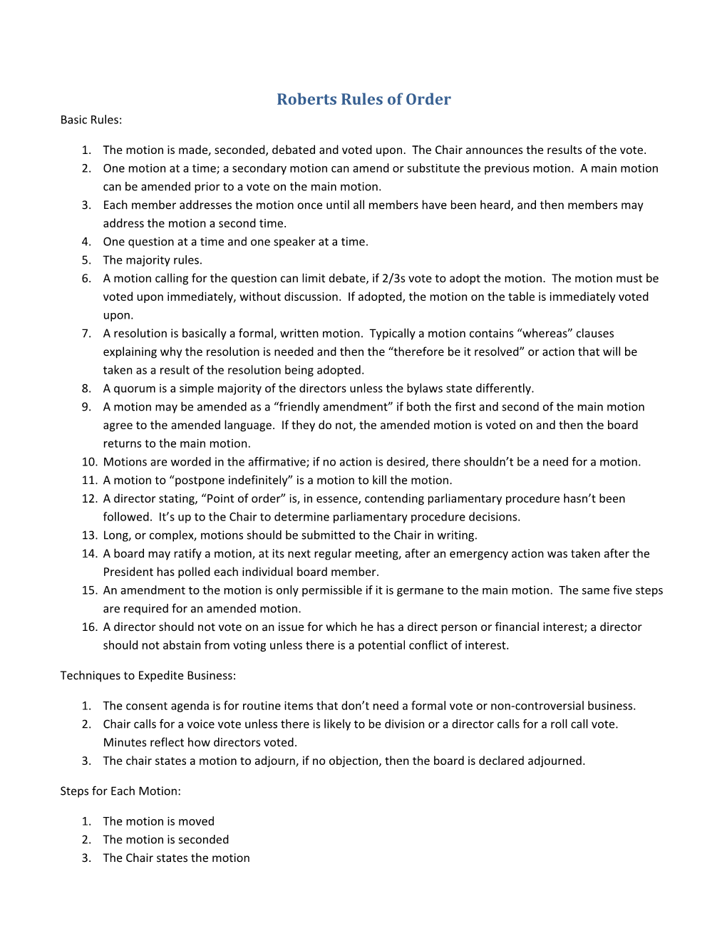 Roberts Rules of Order Basic Rules