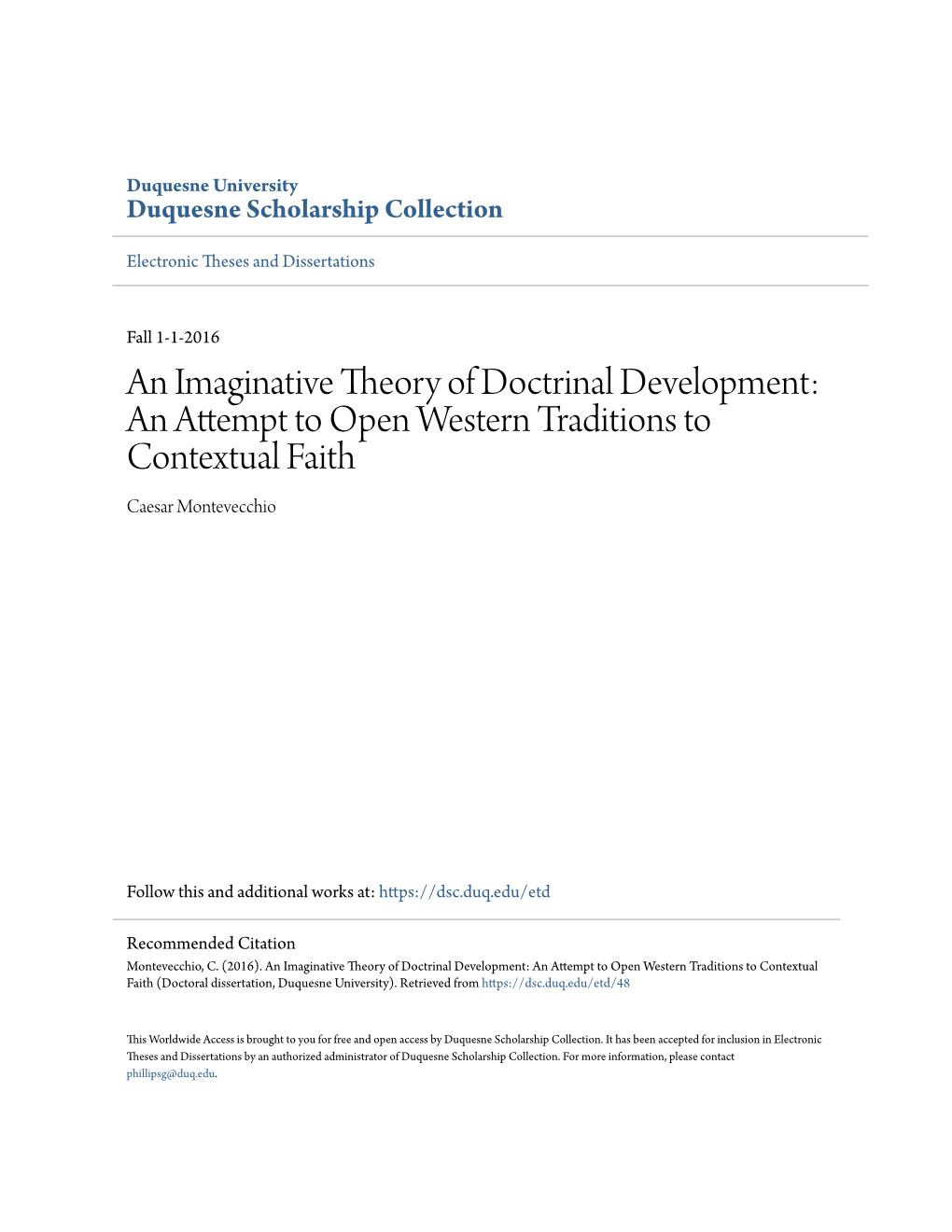 An Imaginative Theory of Doctrinal Development: an Attempt to Open Western Traditions to Contextual Faith Caesar Montevecchio