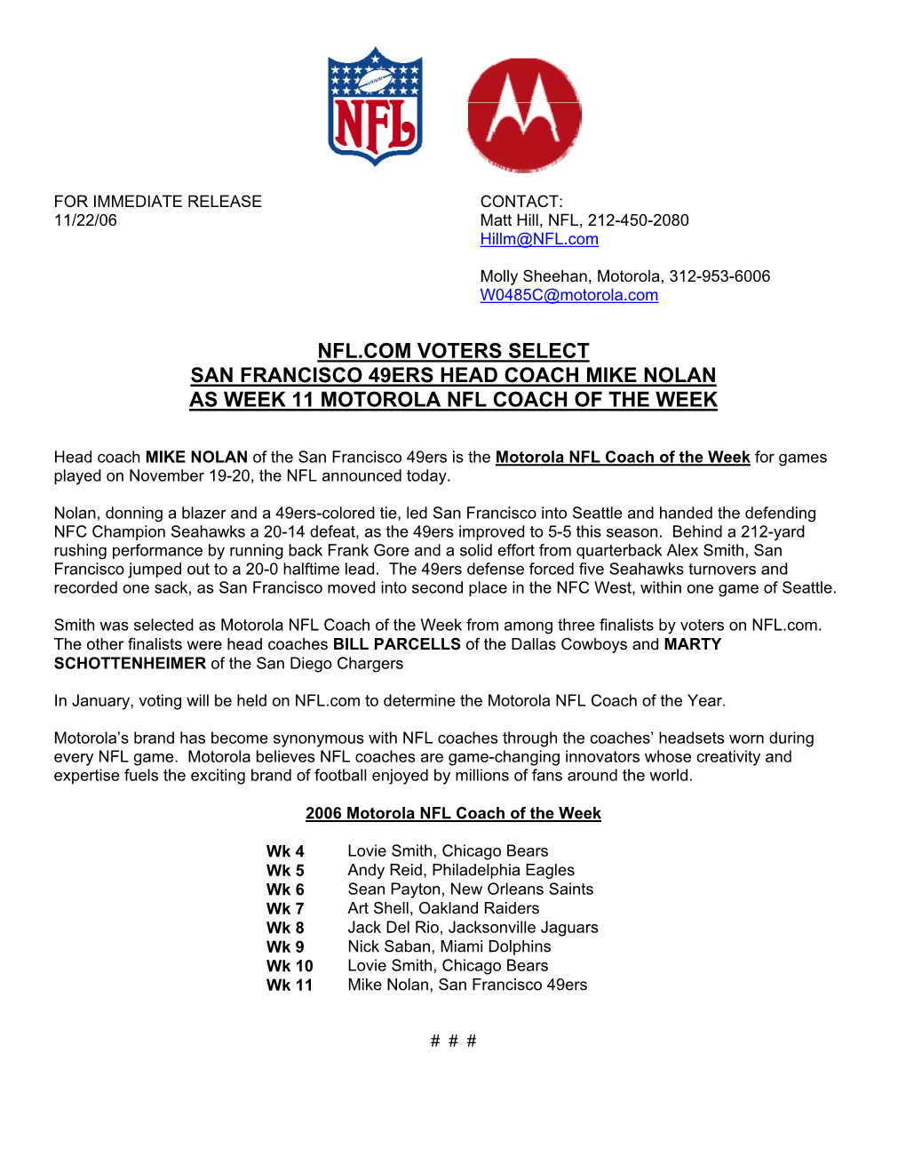 Nfl.Com Voters Select San Francisco 49Ers Head Coach Mike Nolan As Week 11 Motorola Nfl Coach of the Week