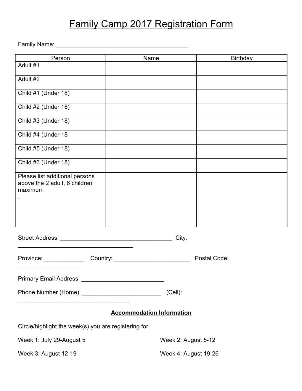 Family Camp 2017 Registration Form