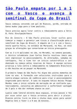 São Paulo Empata Por 1 a 1 Com O Vasco E Avança À Semifinal Da Copa Do Brasil