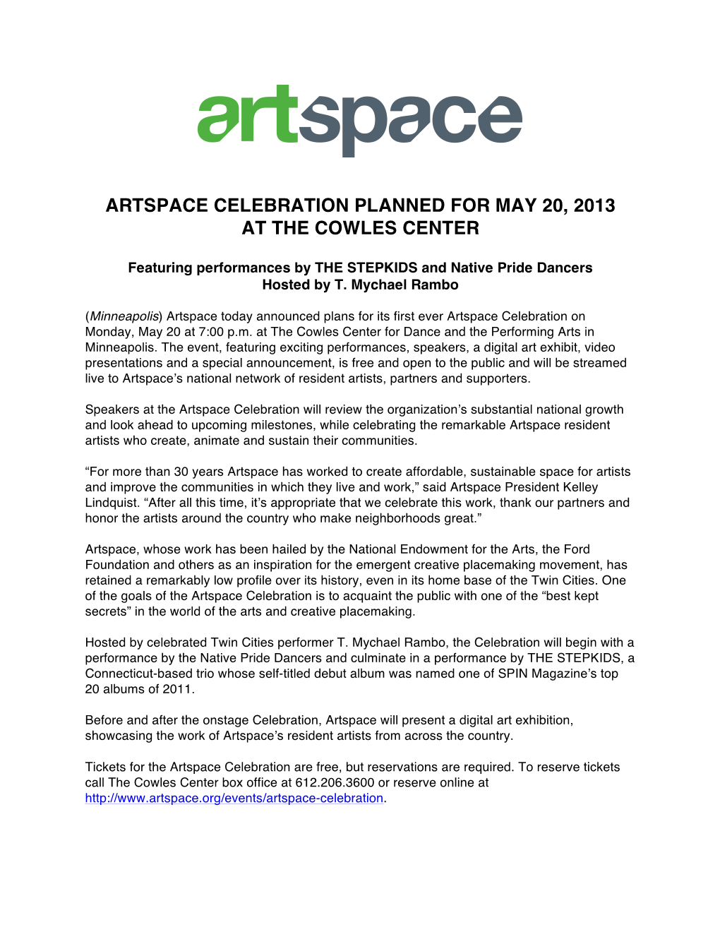 Artspace Celebration Planned for May 20, 2013 at the Cowles Center