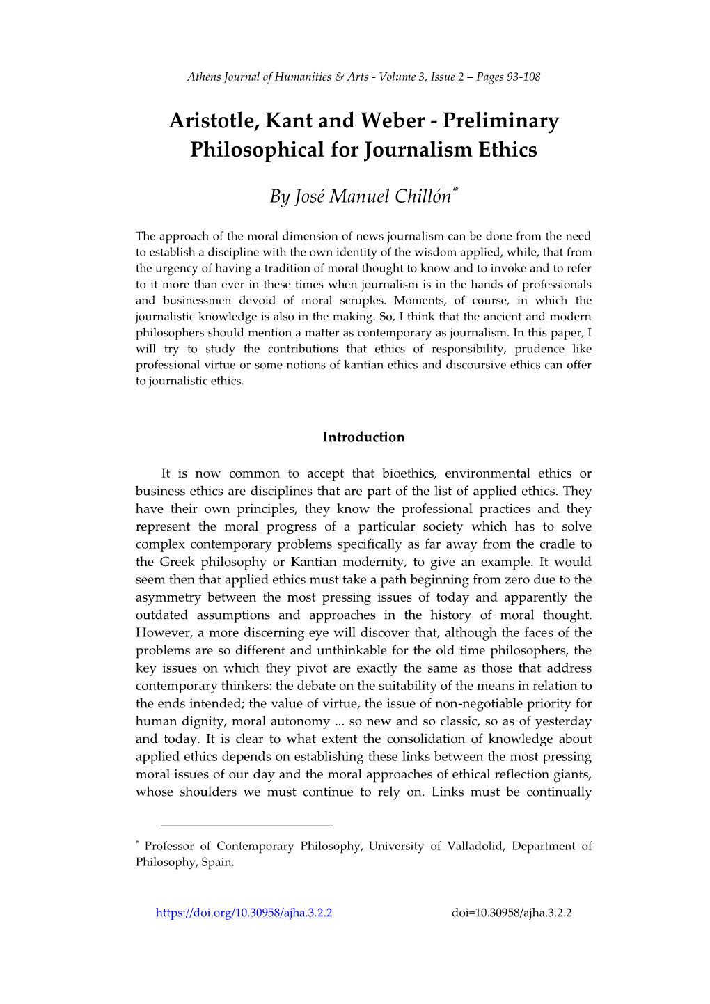 Aristotle, Kant and Weber - Preliminary Philosophical for Journalism Ethics