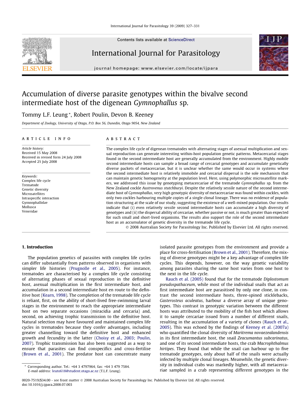 Accumulation of Diverse Parasite Genotypes Within the Bivalve Second Intermediate Host of the Digenean Gymnophallus Sp