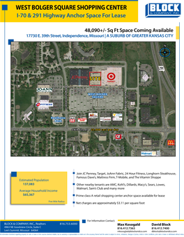 WEST BOLGER SQUARE SHOPPING CENTER I-70 & 291 Highway Anchor Space for Lease
