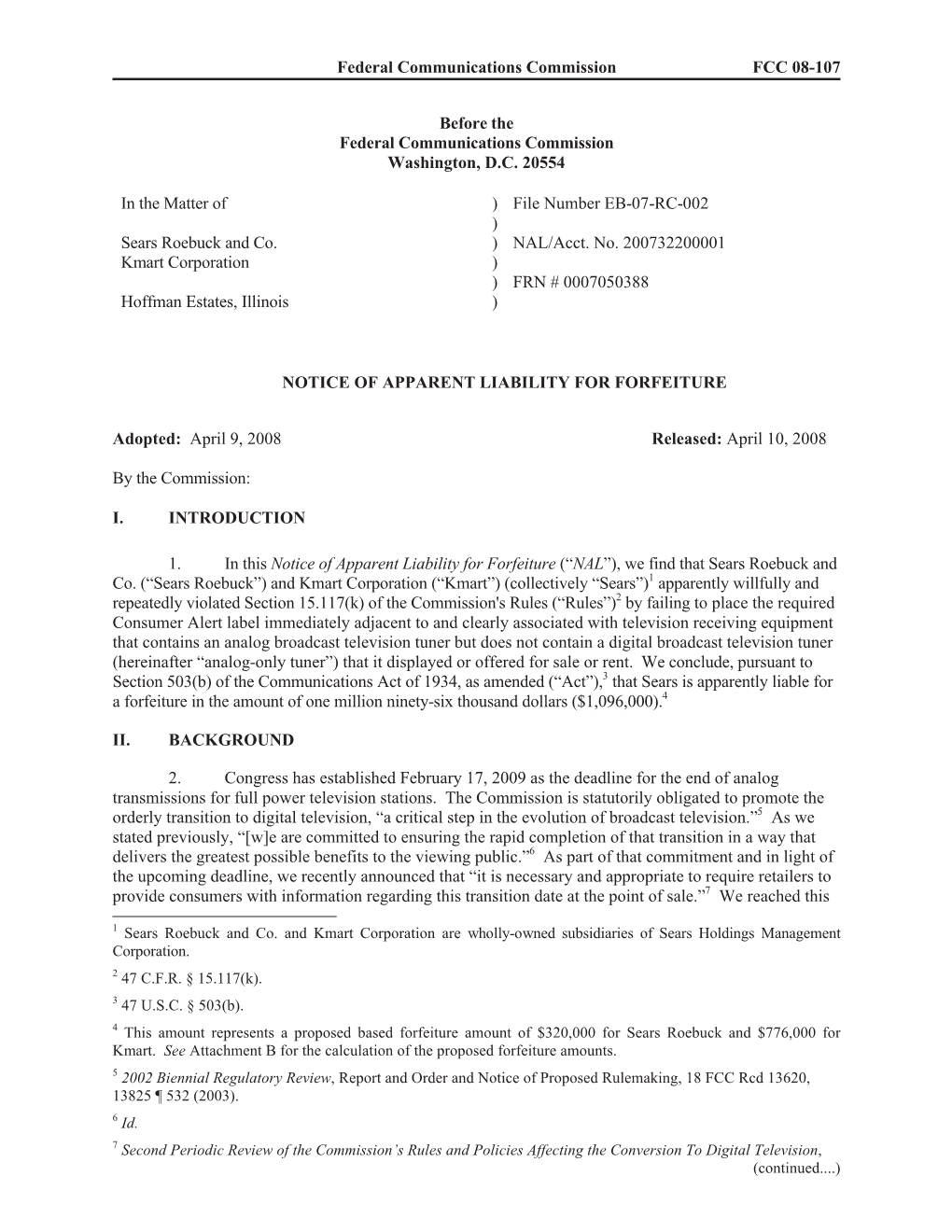 Federal Communications Commission FCC 08-107 Before the Federal