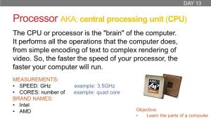 Central Processing Unit (CPU) the CPU Or Processor Is the "Brain" of the Computer