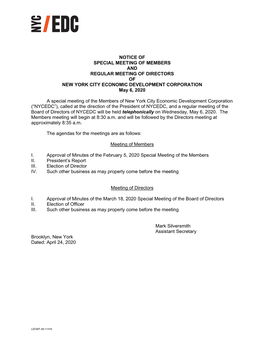 NOTICE of SPECIAL MEETING of MEMBERS and REGULAR MEETING of DIRECTORS of NEW YORK CITY ECONOMIC DEVELOPMENT CORPORATION May 6, 2020