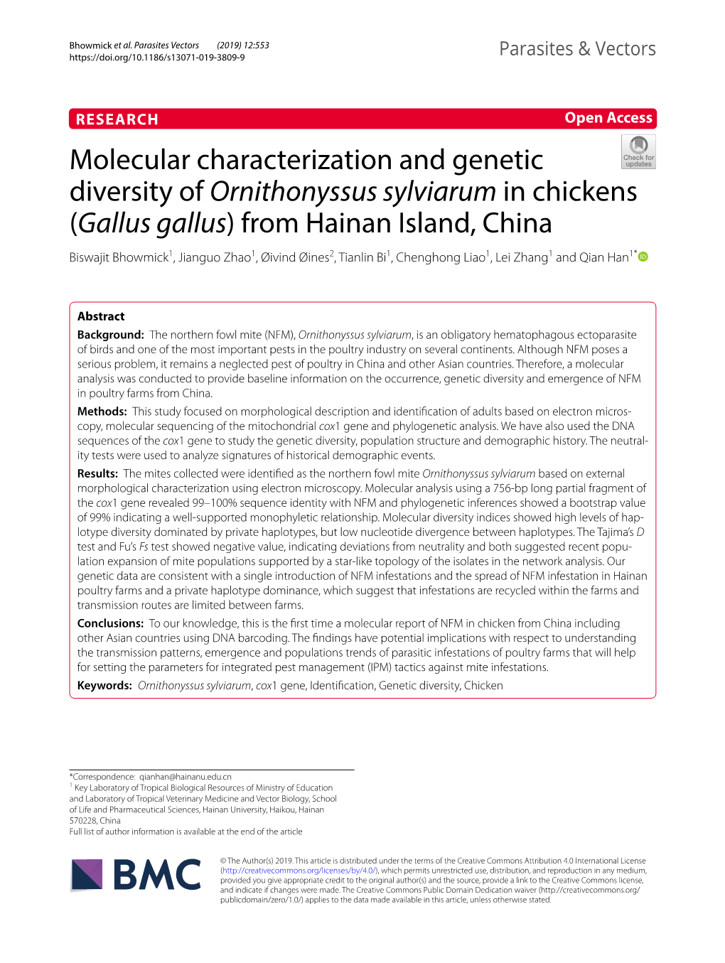 Molecular Characterization and Genetic Diversity of Ornithonyssus