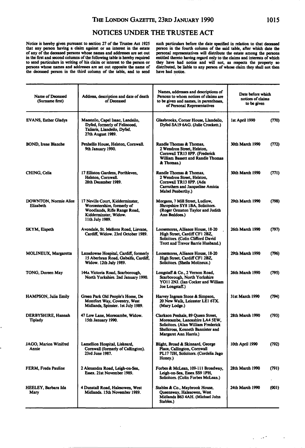 The London Gazette, 23Rd January 1990 1015 Notices Under the Trustee Act