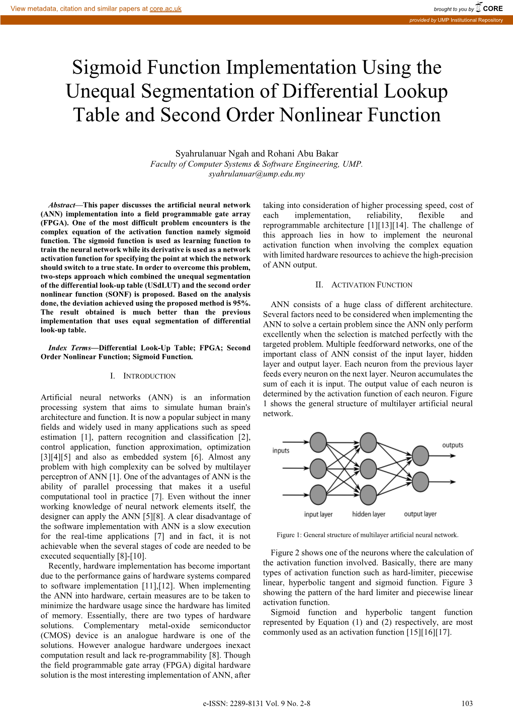 Sigmoid Function Implementation Using the Unequal Segmentation of Differential Lookup Table and Second Order Nonlinear Function