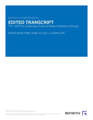 REFINITIV STREETEVENTS EDITED TRANSCRIPT T.N - AT&T Inc at Barclays Future of Media Conference (Virtual)