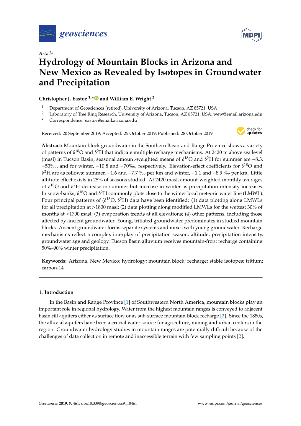 Hydrology of Mountain Blocks in Arizona and New Mexico As Revealed by Isotopes in Groundwater and Precipitation