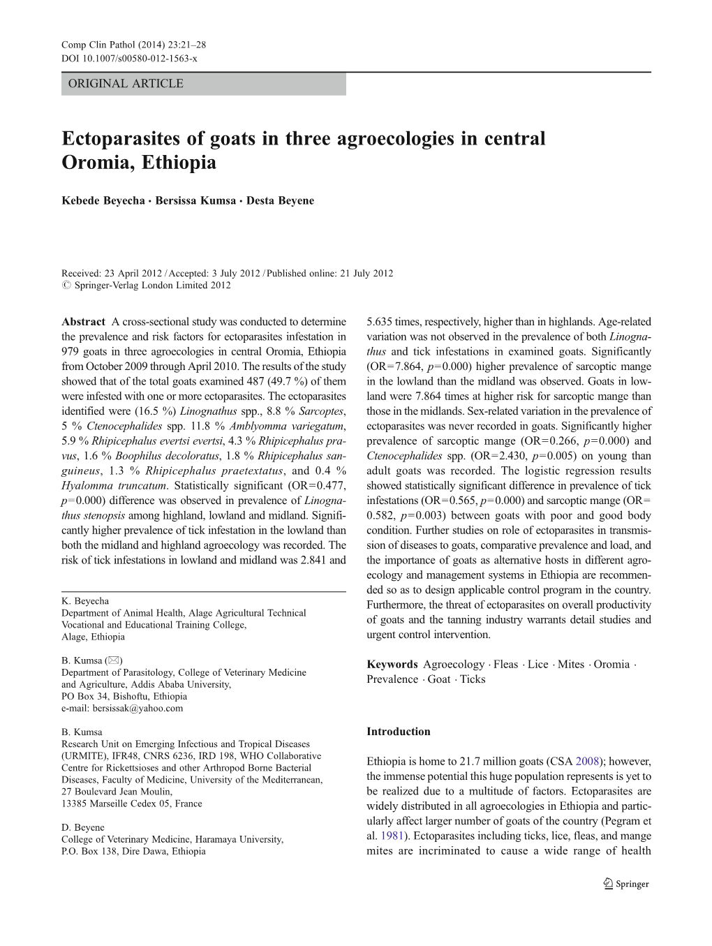 Ectoparasites of Goats in Three Agroecologies in Central Oromia, Ethiopia