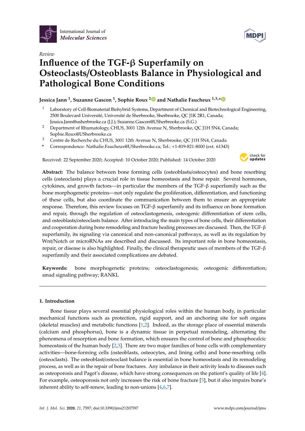 Influence of the TGF- Superfamily on Osteoclasts/Osteoblasts Balance In