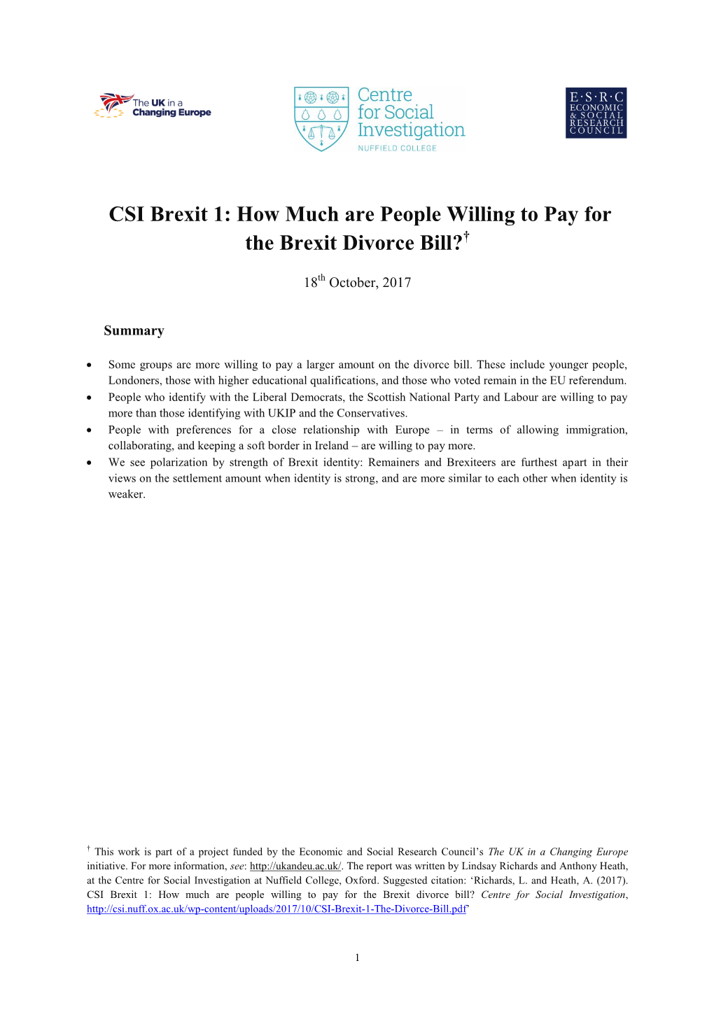 CSI Brexit 1: How Much Are People Willing to Pay for the Brexit Divorce Bill?†