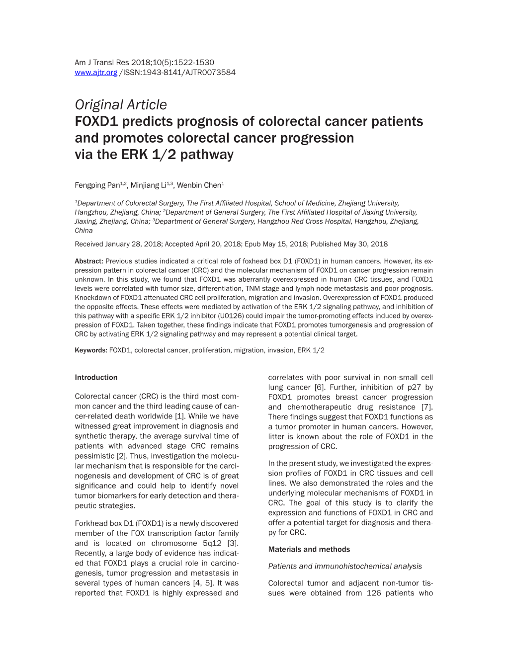 Original Article FOXD1 Predicts Prognosis of Colorectal Cancer Patients and Promotes Colorectal Cancer Progression Via the ERK 1/2 Pathway