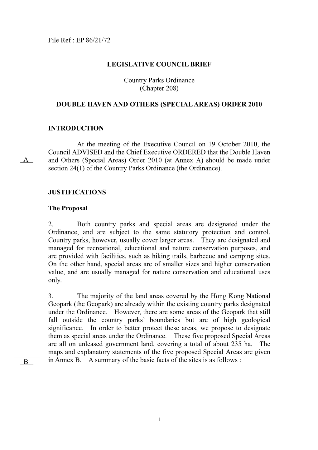 File Ref : EP 86/21/72 LEGISLATIVE COUNCIL BRIEF Country Parks