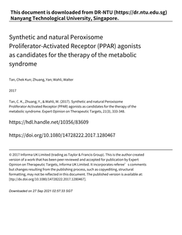 Synthetic and Natural Peroxisome Proliferator‑Activated Receptor (PPAR) Agonists As Candidates for the Therapy of the Metabolic Syndrome