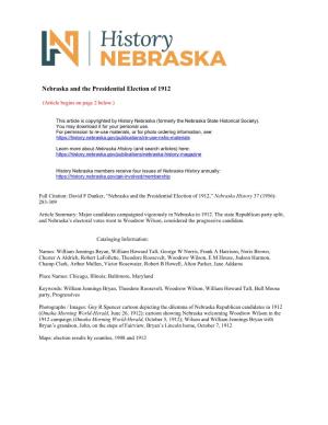 Nebraska and the Presidential Election of 1912