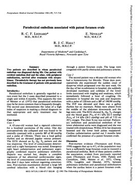 Paradoxical Embolism Associated with Patent Foramen Ovale R. C. F. LEONARD* E