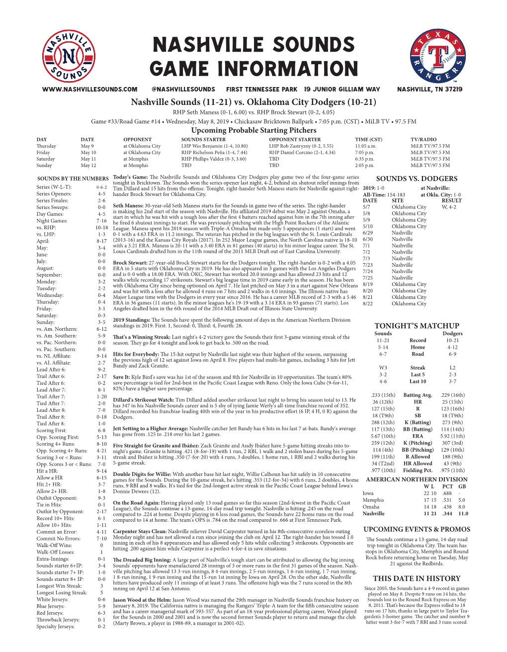 Nashville Sounds Game Information @Nashvillesounds First Tennessee Park 19 Junior Gilliam Way Nashville, TN 37219 Nashville Sounds (11-21) Vs