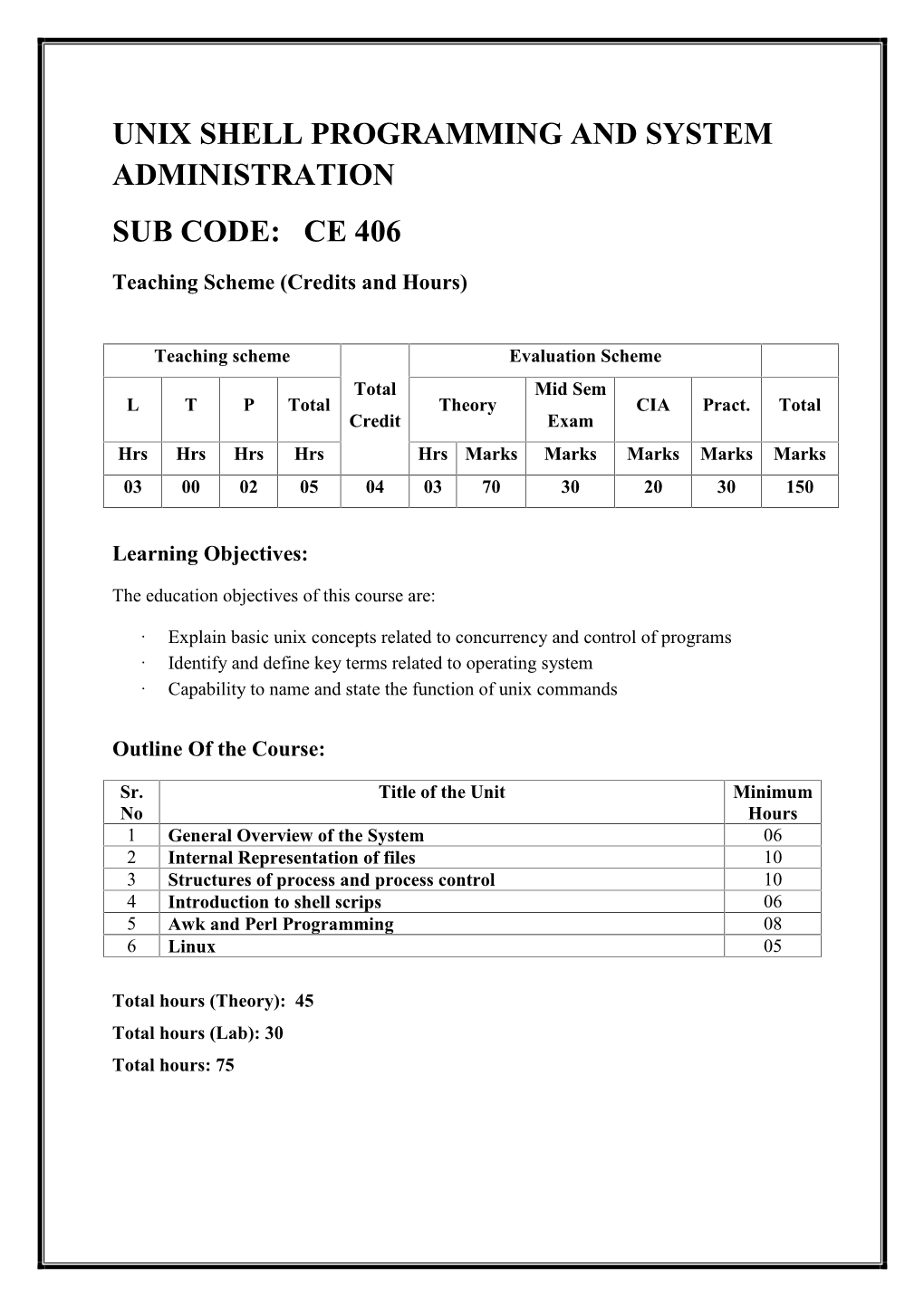 Unix Shell Programming and System Administration Sub Code: Ce 406